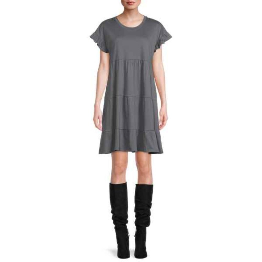 Slate Grey XL Time and Tru Women's Flutter Sleeve Knee Length Tiered Dress